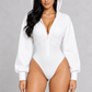 Sculp Hooded Long Sleeve Bodysuit in White, front view with hood up
