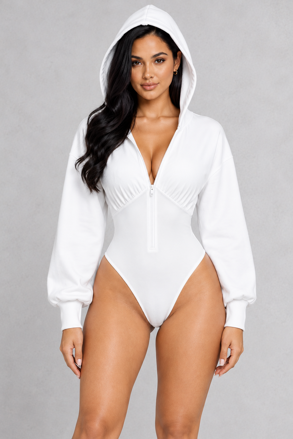 Sculp Hooded Long Sleeve Bodysuit in White, front view with hood up