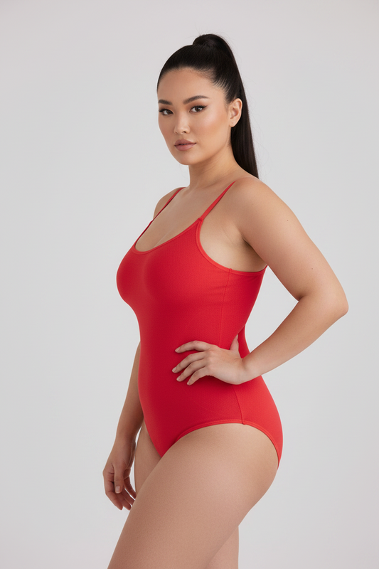 Woman wearing a red swimsuit against a plain background