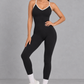 Sculp backless gym jumpsuit in black, front view