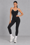Sculp backless gym jumpsuit in black, front view