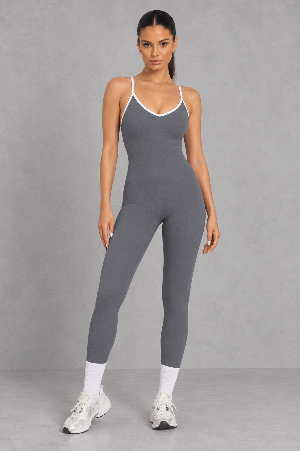 Sculp backless gym jumpsuit in dark grey, front view
