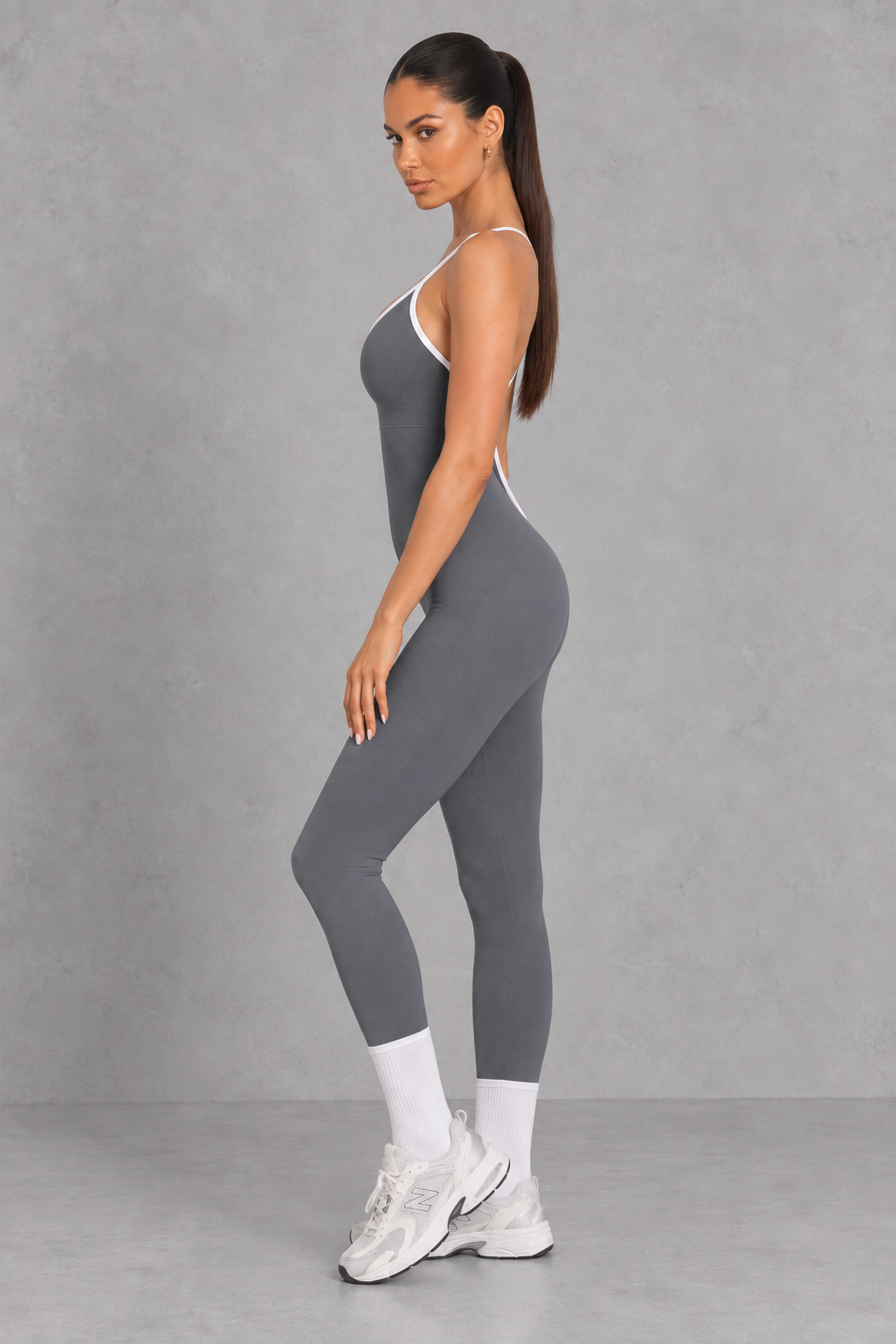 Sculp backless gym jumpsuit in dark grey, detail view