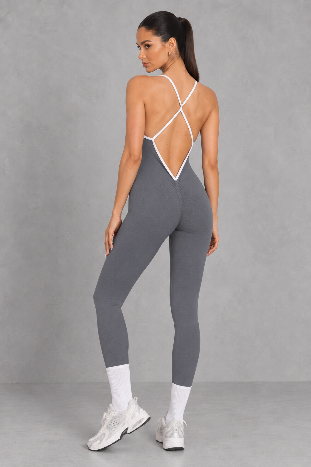 Sculp backless gym jumpsuit in dark grey, detail view