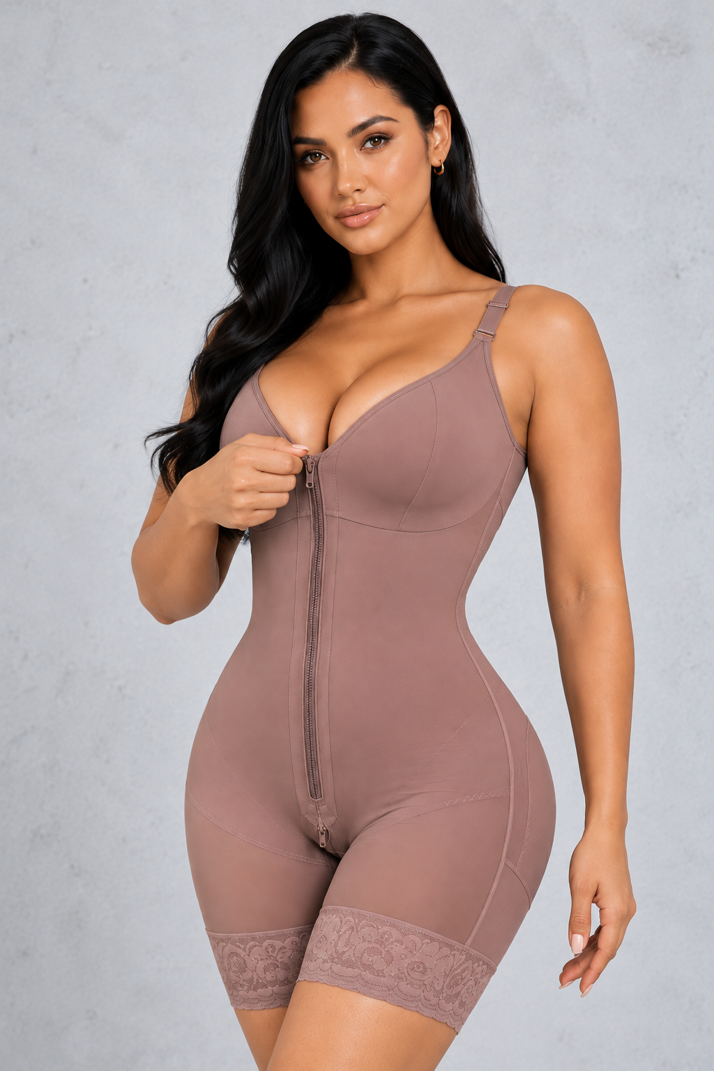 Sculp Colombian faja in mocha, showing the easy front zip closure