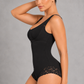 Sculp open bust faja in black, side view showing the snatched waist