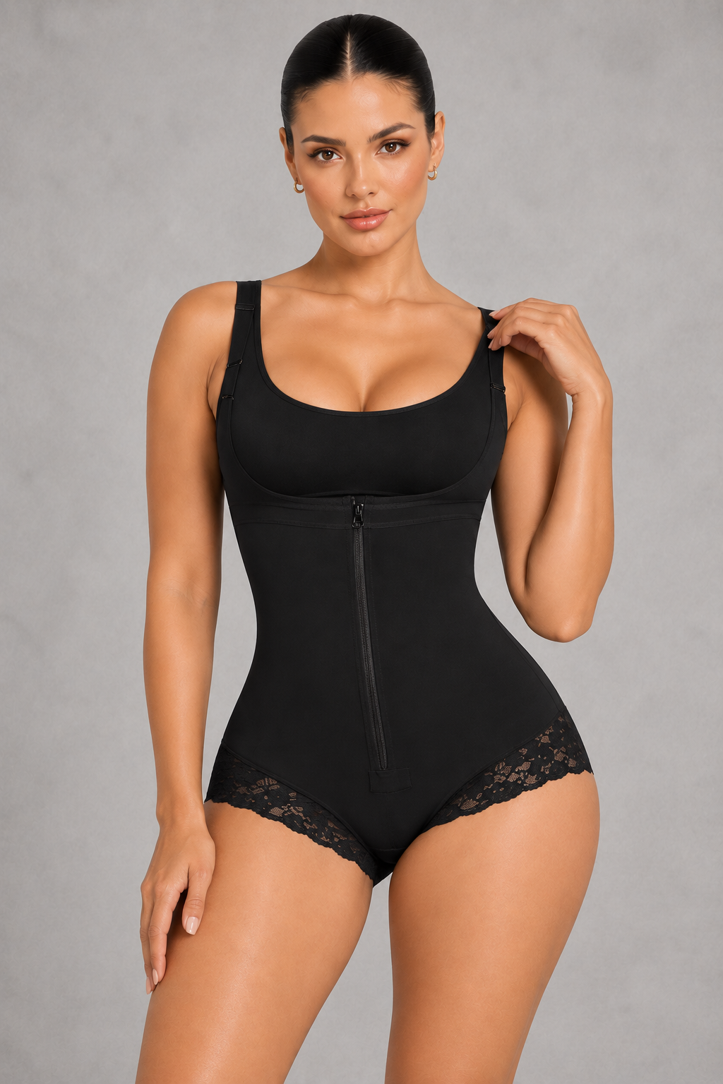 Sculp Colombian open bust faja in black with adjustable straps, front view
