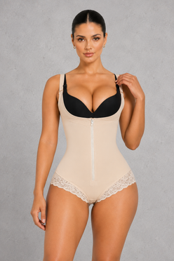 Sculp Colombian open bust faja in nude, worn with own bra, front view