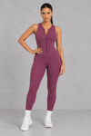 Sculp front zip gym jumpsuit in merlot, front view