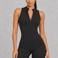 Sculp open back zip gym romper in black, front view