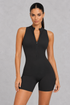 Sculp open back zip gym romper in black, front view