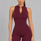 Sculp open back zip gym romper in burgundy, front view