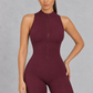 Sculp open back zip gym romper in burgundy, detail view