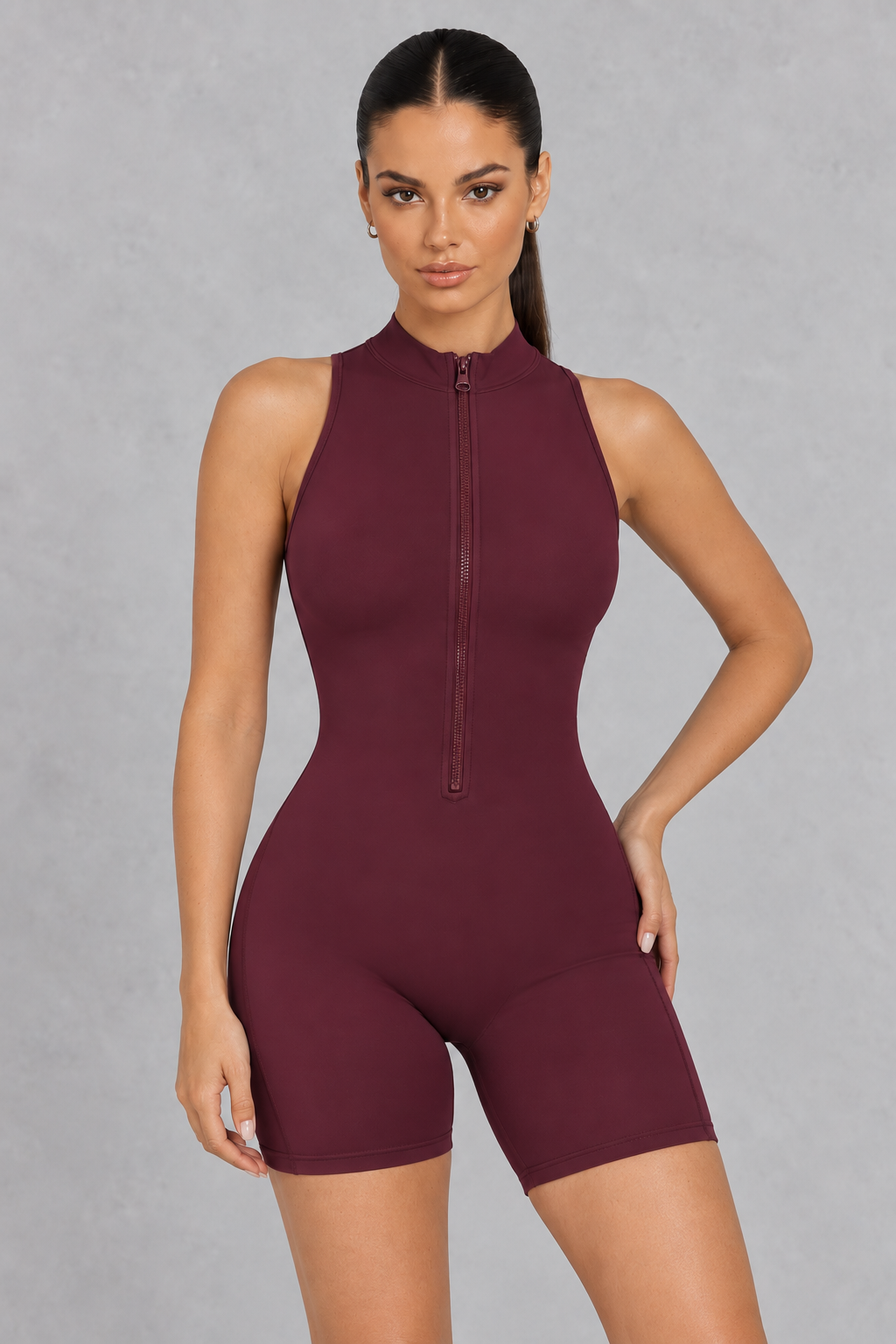 Sculp open back zip gym romper in burgundy, detail view
