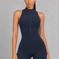 Sculp open back zip gym romper in navy blue, front view