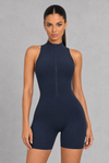 Sculp open back zip gym romper in navy blue, front view