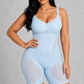 Sculp shapewear bodysuit in sky blue with built-in bra and thigh control, front view