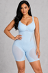 Sculp shapewear bodysuit in sky blue with built-in bra and thigh control, front view