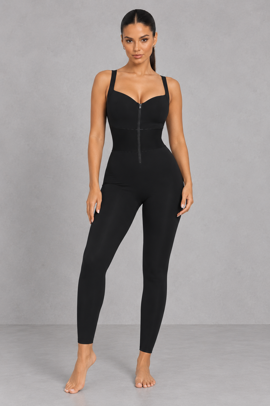 Sculp waist cinching shaping jumpsuit in black, front view