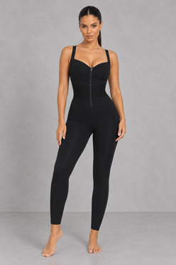 Sculp waist cinching shaping jumpsuit in black, front view