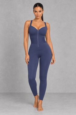 Sculp waist cinching shaping jumpsuit in blue, front view