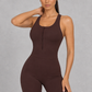 Sculp zip-front racerback gym romper in coffee, front view