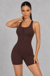 Sculp zip-front racerback gym romper in coffee, front view