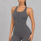 Sculp zip-front racerback gym romper in grey, front view