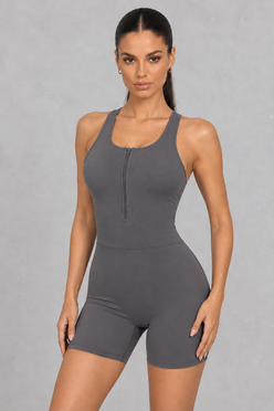 Sculp zip-front racerback gym romper in grey, front view