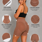 A woman modeling high-waisted shaping briefs in a studio setting, with callout circles and text explaining features such as steel bones, low back design, belly retraction, peach-shaped hip emphasis, and high elastic fabric.