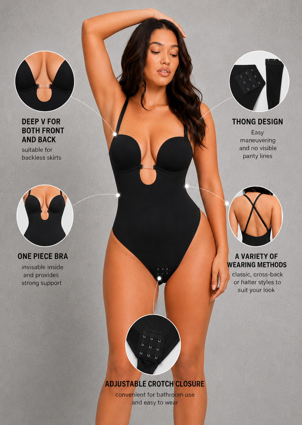 A woman modeling a black one-piece swimsuit with a deep V-neckline and front keyhole cutout, shown on a gray background with six callout circles and text describing features such as thong design, adjustable crotch closure, and one-piece bra support.