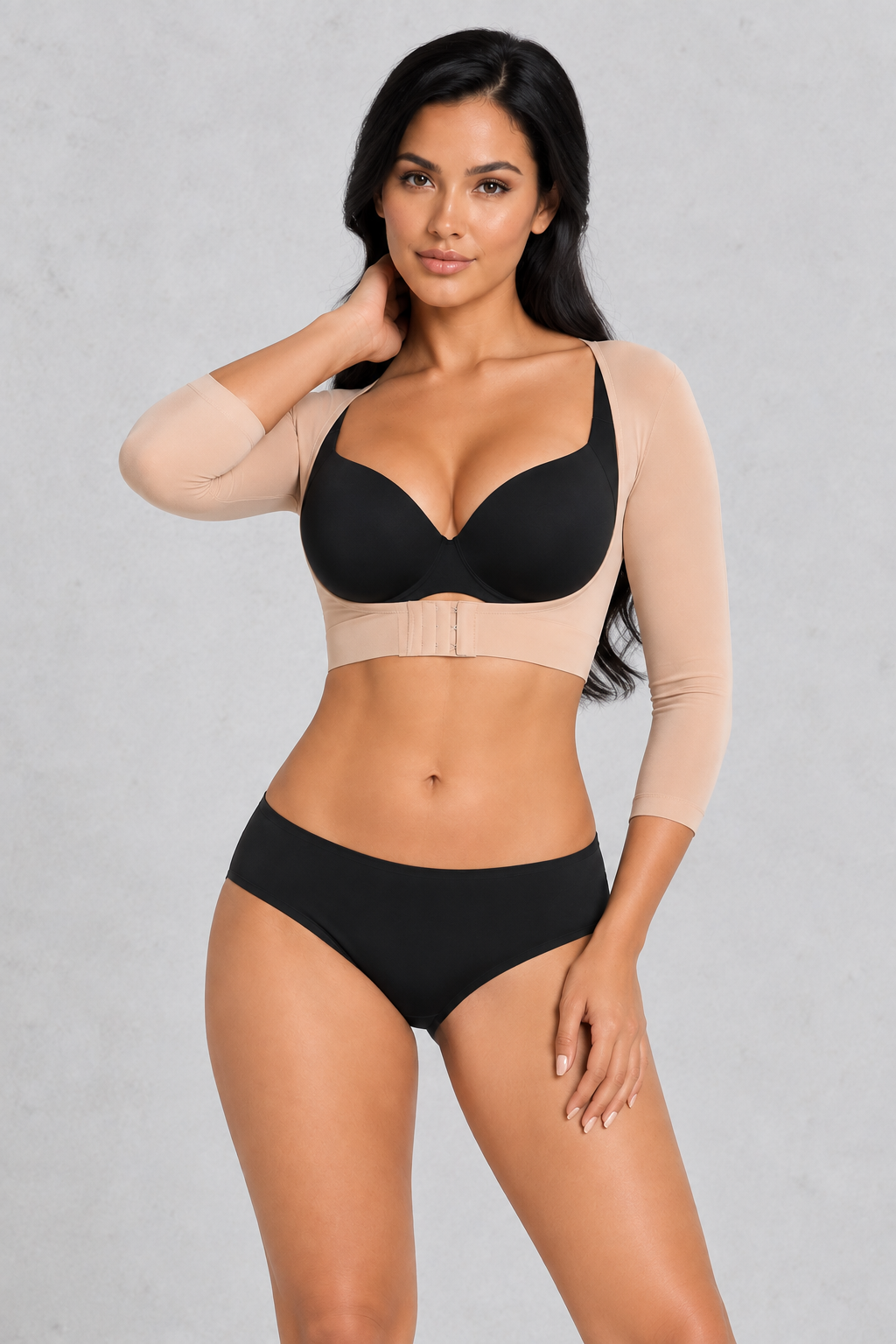 Sculp Arm Shaper Shrug in Beige – front view, open bust and front hook closure