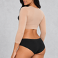 Sculp Arm Shaper Shrug in Beige – side back view, 3/4 sleeves