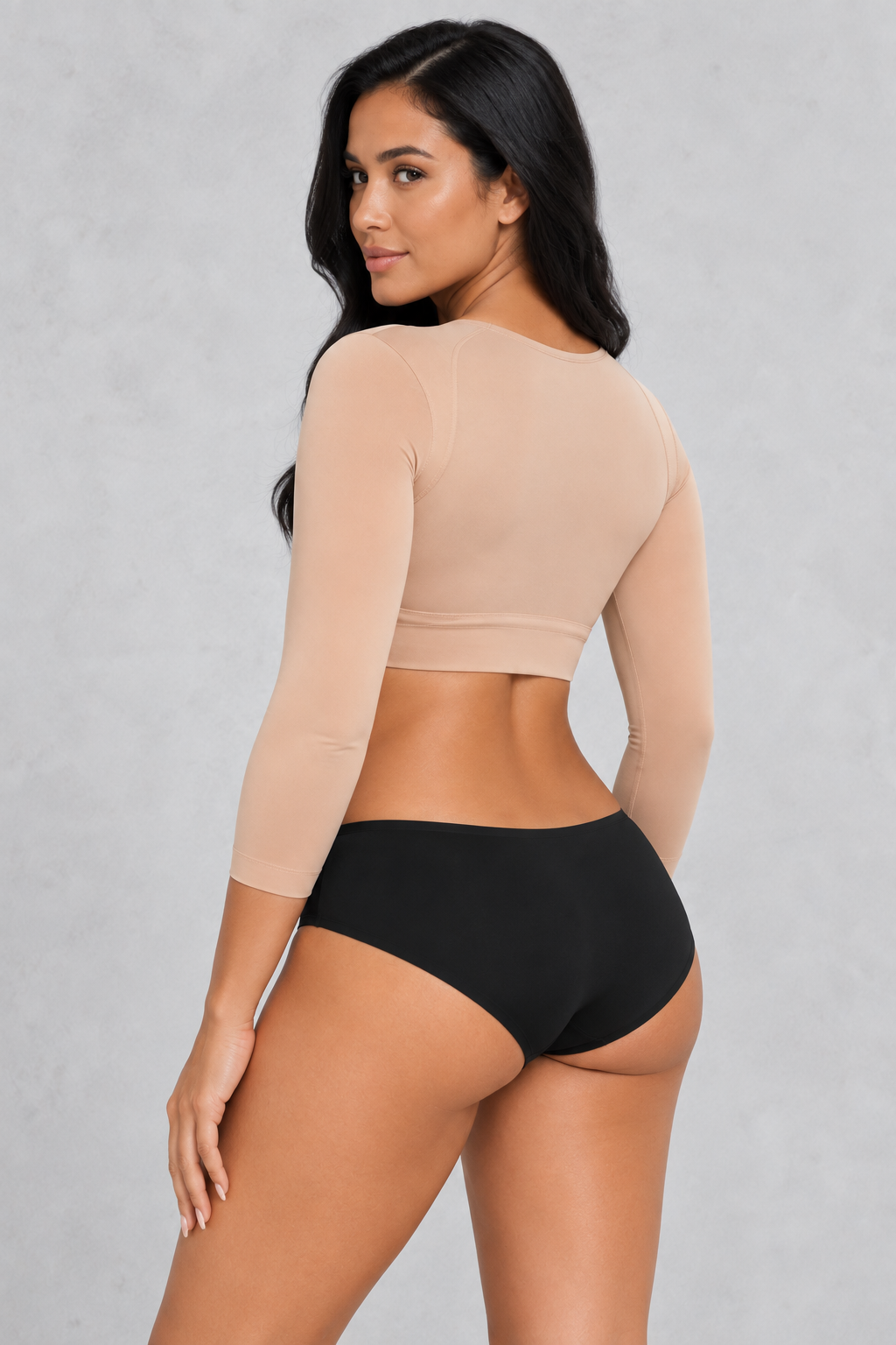 Sculp Arm Shaper Shrug in Beige – side back view, 3/4 sleeves