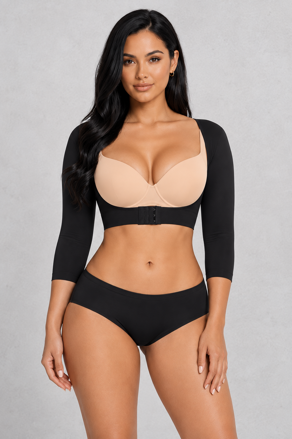 Sculp Arm Shaper Shrug in Black – full front view, 3/4 sleeves